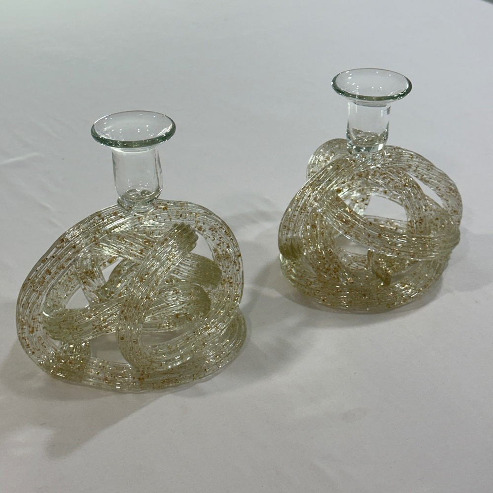 Art Glass Knot Candlestick Holders Pair Clear Gold Fleck Hand Blown 6in